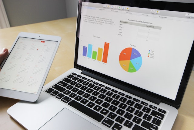 Finance graphs and charts on a laptop